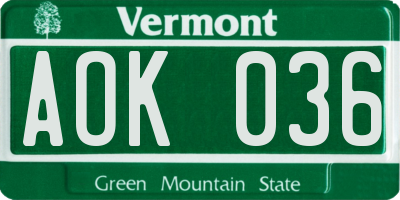 VT license plate AOK036