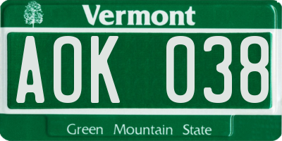 VT license plate AOK038