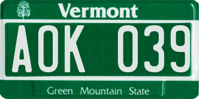 VT license plate AOK039