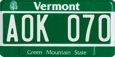 VT license plate AOK070