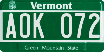 VT license plate AOK072