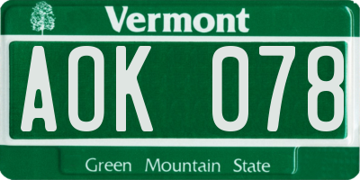 VT license plate AOK078