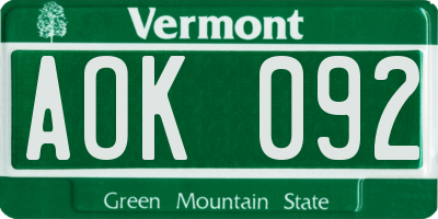 VT license plate AOK092