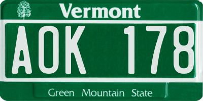 VT license plate AOK178