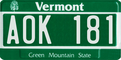 VT license plate AOK181