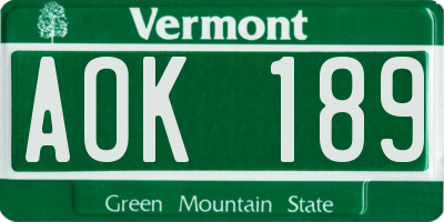 VT license plate AOK189