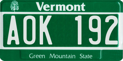 VT license plate AOK192