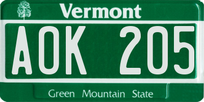 VT license plate AOK205