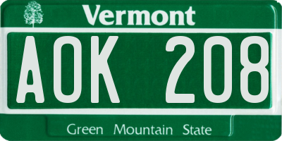 VT license plate AOK208