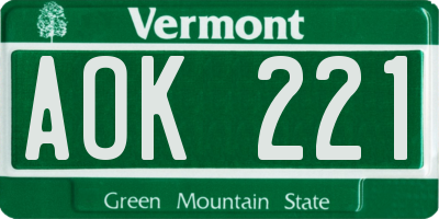 VT license plate AOK221