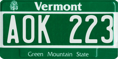 VT license plate AOK223