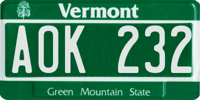 VT license plate AOK232