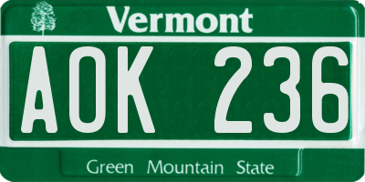 VT license plate AOK236