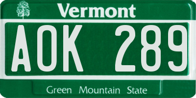VT license plate AOK289