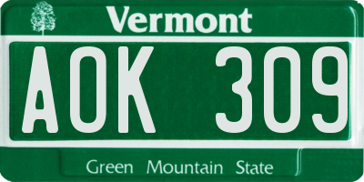 VT license plate AOK309