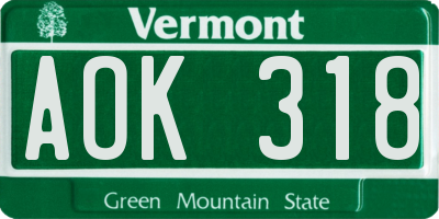 VT license plate AOK318