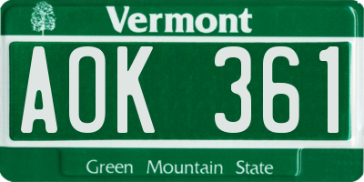 VT license plate AOK361