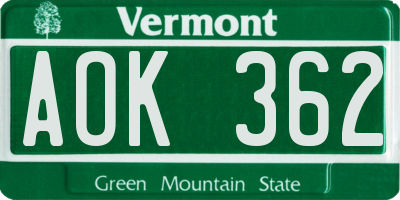 VT license plate AOK362