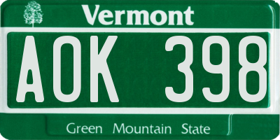 VT license plate AOK398
