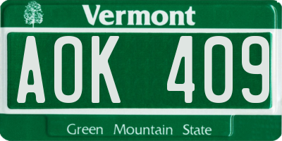 VT license plate AOK409
