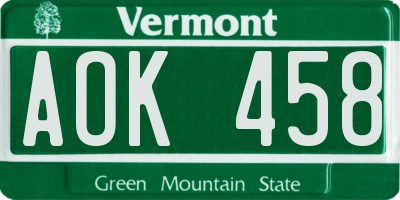 VT license plate AOK458