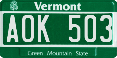 VT license plate AOK503