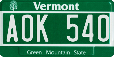 VT license plate AOK540