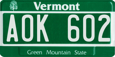 VT license plate AOK602