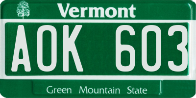 VT license plate AOK603