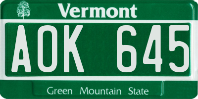 VT license plate AOK645