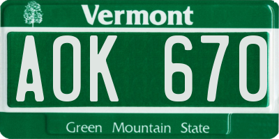 VT license plate AOK670