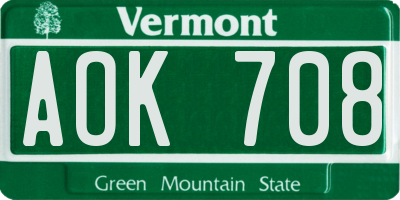 VT license plate AOK708