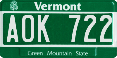 VT license plate AOK722