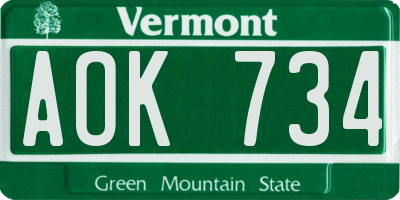 VT license plate AOK734