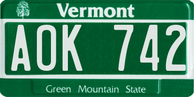 VT license plate AOK742