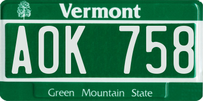 VT license plate AOK758