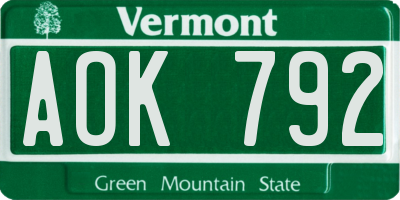 VT license plate AOK792