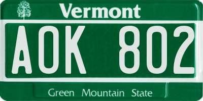 VT license plate AOK802