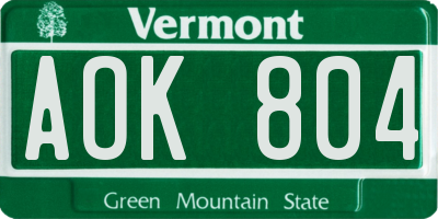 VT license plate AOK804