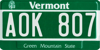 VT license plate AOK807