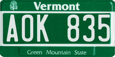 VT license plate AOK835