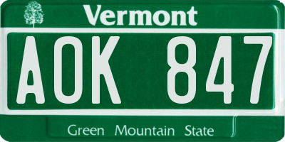 VT license plate AOK847