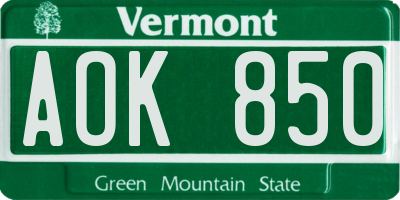 VT license plate AOK850