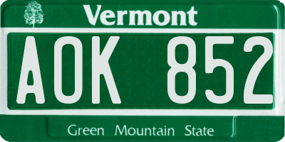 VT license plate AOK852