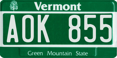 VT license plate AOK855