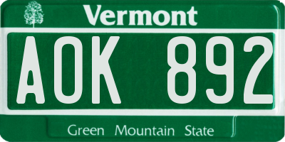 VT license plate AOK892