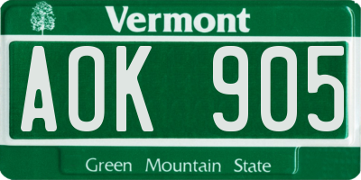 VT license plate AOK905