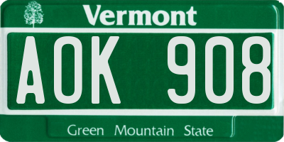VT license plate AOK908