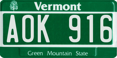 VT license plate AOK916