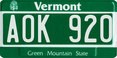VT license plate AOK920